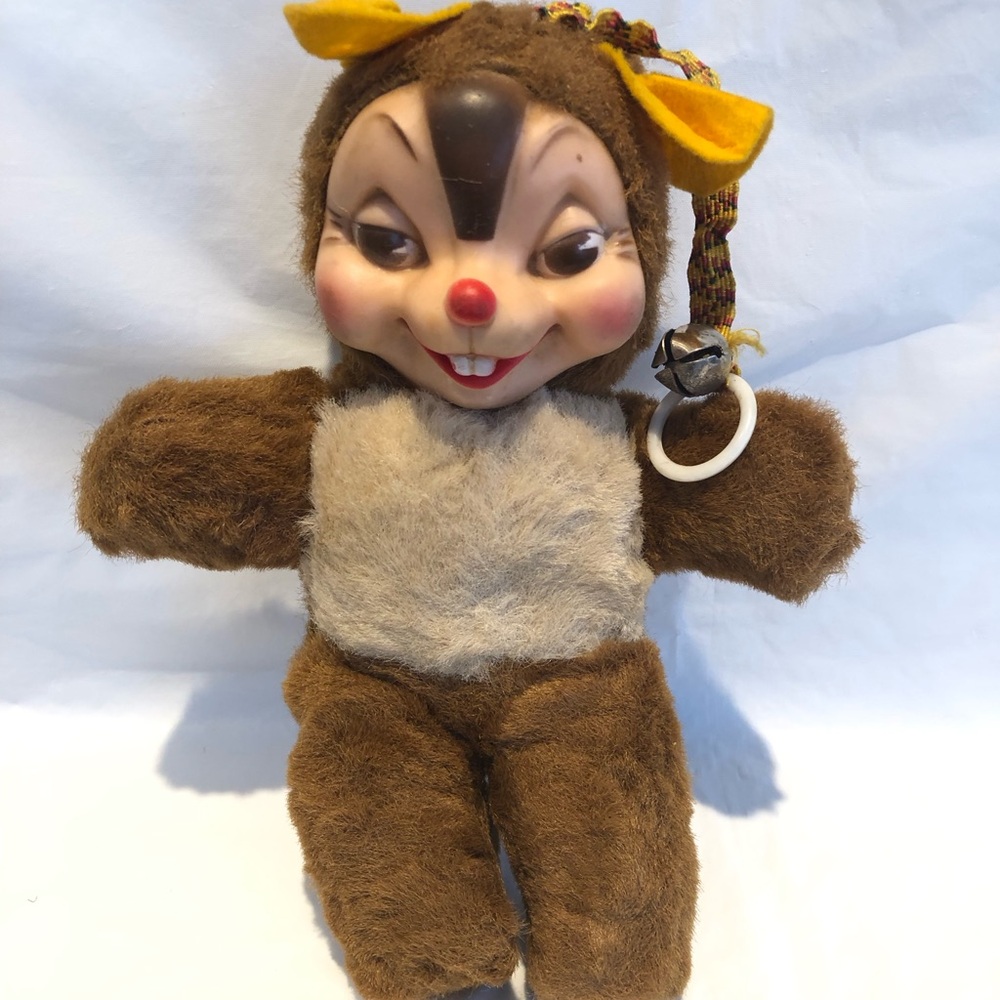 Vintage Rushton Style Rubber Face Squirrel / Chipmunk  9" Plush Doll 1950s